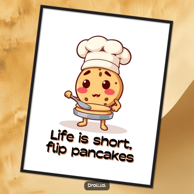 Funny Free Printable Wall Art: A determined cookie in a chef hat skillfully flips golden brown pancakes, adding humor.
