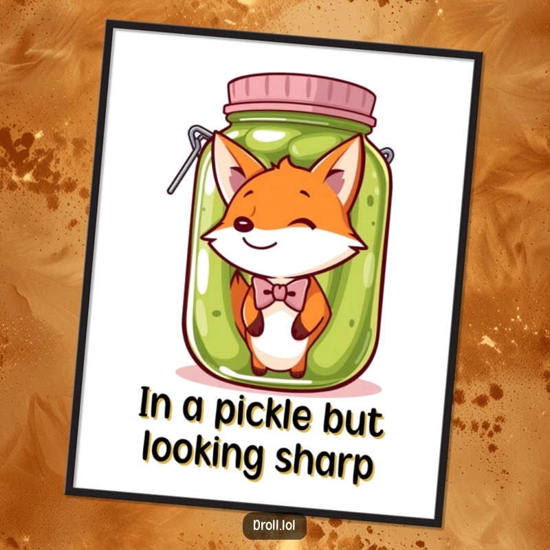Funny Free Printable Wall Art: A dapper fox wearing a bow tie stuck in a giant pickle jar, causing comic relief.