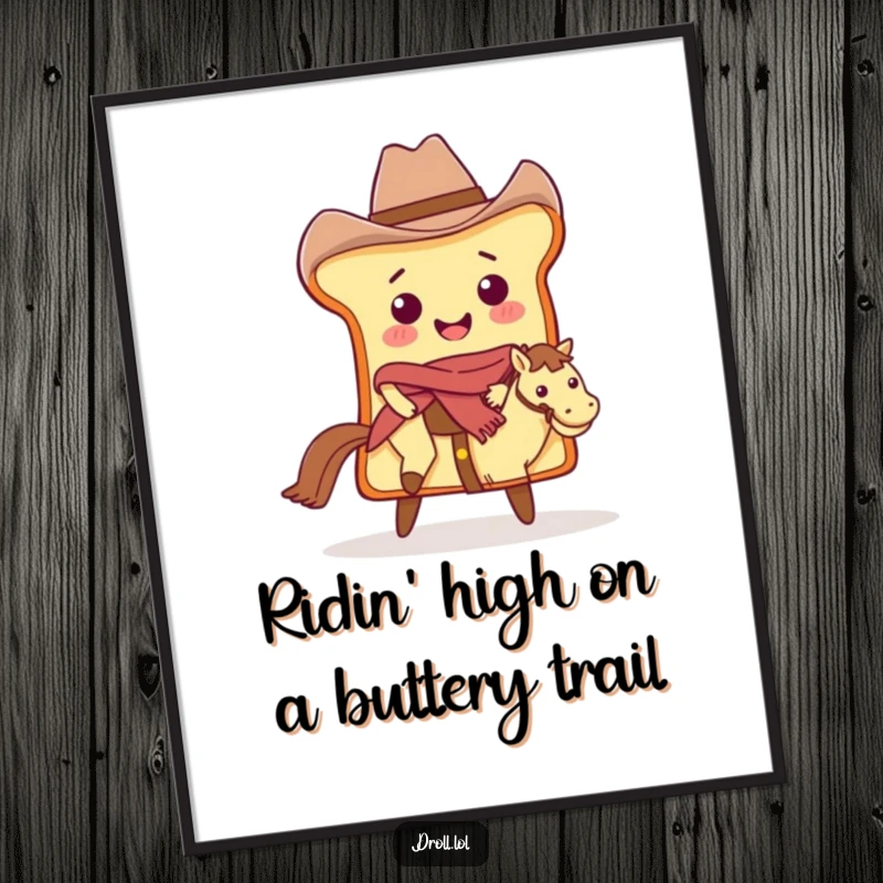 Funny Free Printable Wall Art: Smiling bread slice cowboy riding a pat of butter, whimsical kitchen decor.