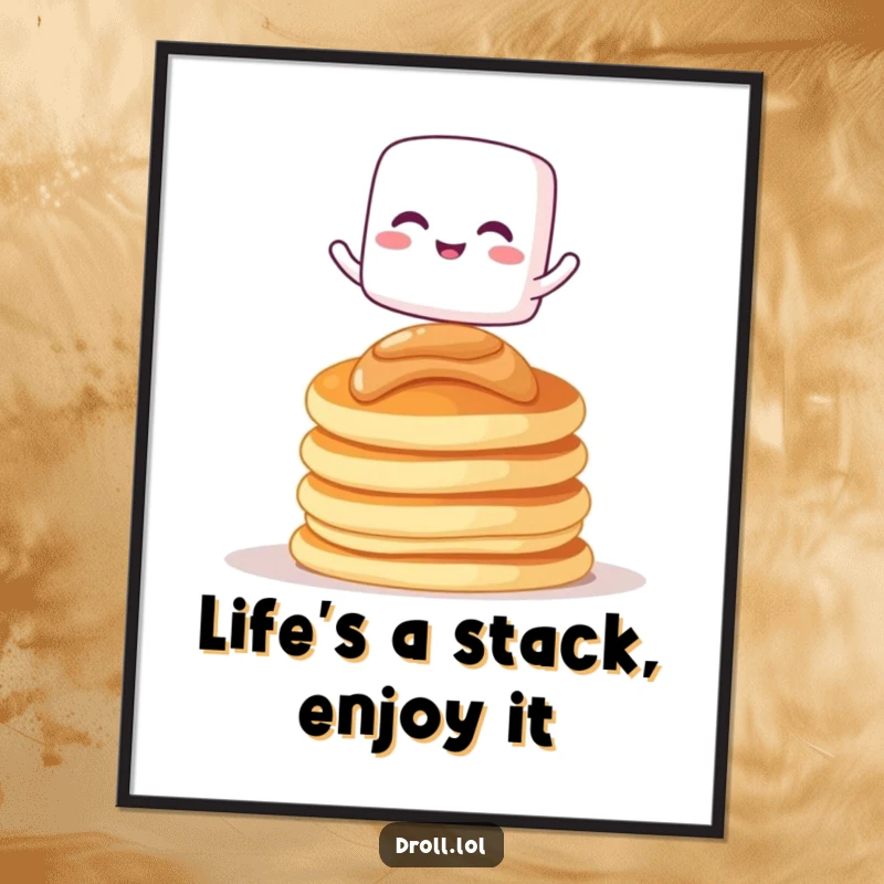 Funny Free Printable Wall Art: A giggling marshmallow attempts to balance on a tall stack of fluffy pancakes.