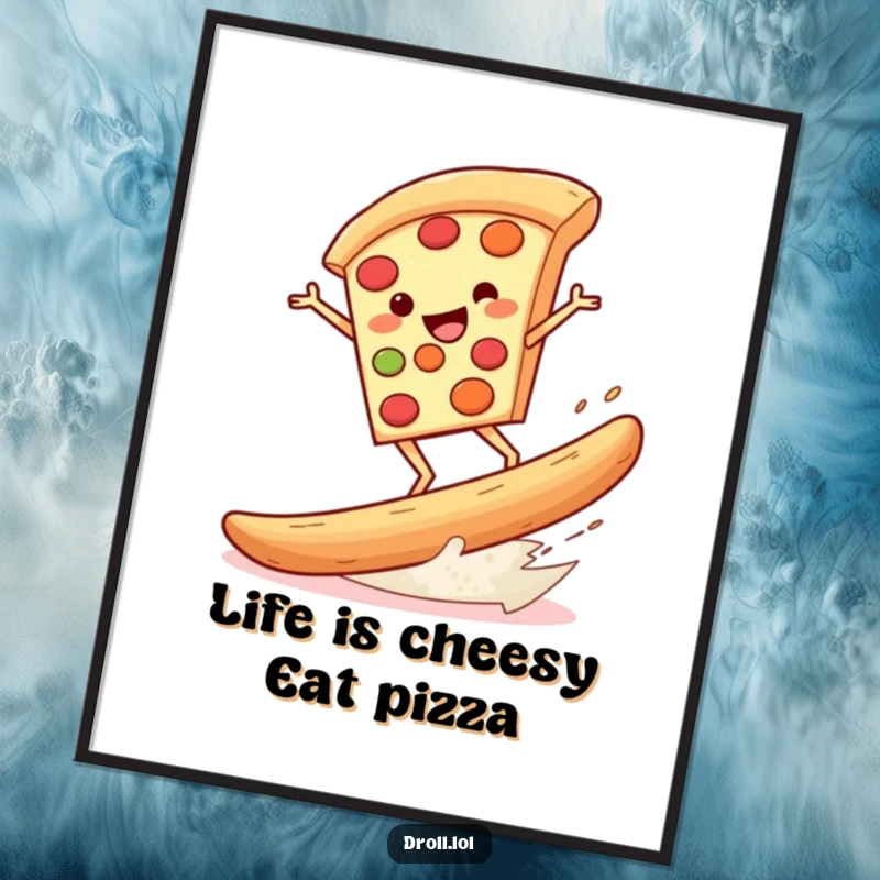 Funny Free Printable Wall Art: A happy pizza slice expertly balancing on a colossal breadstick surfboard, ready to hang.