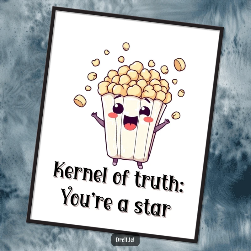 Funny Free Printable Wall Art: A mischievous popcorn bag character exploding with excitement, kernels flying in a chaotic, fun display.