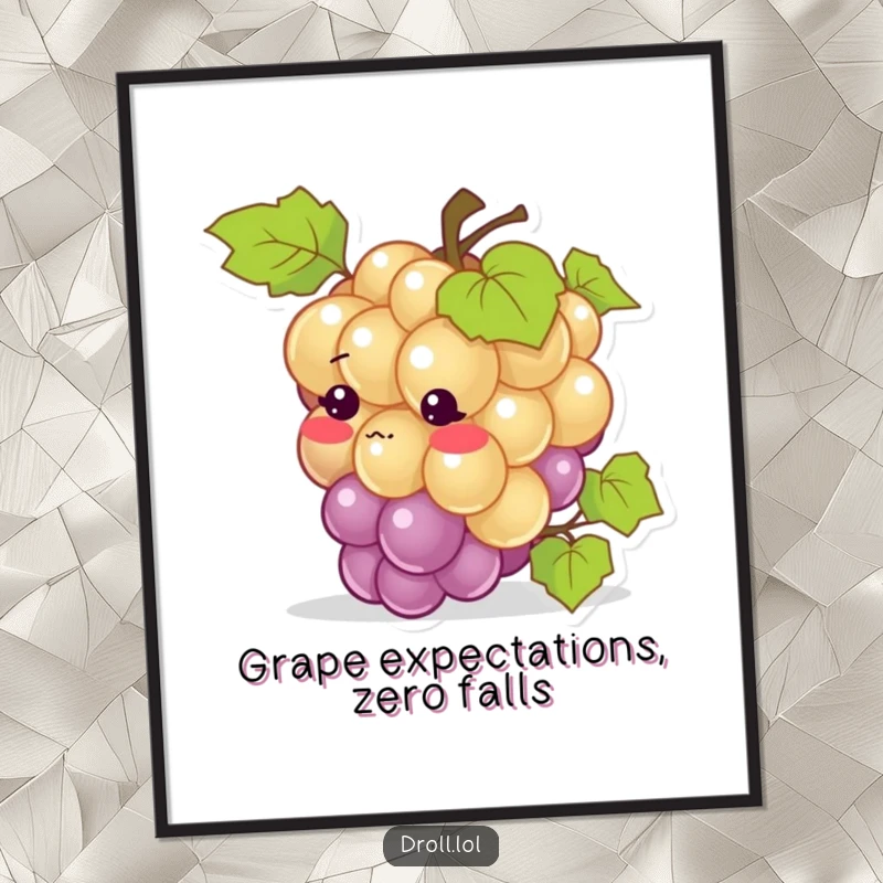 Funny Free Printable Wall Art: A blushing grape tripping over its vine, looking embarrassed and adorably humorous.