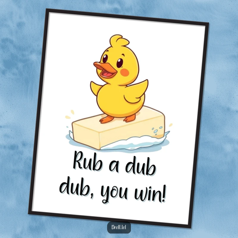 Funny Free Printable Rubber Duck Wall Art: A determined rubber duck bravely surfs a giant bar of soap.