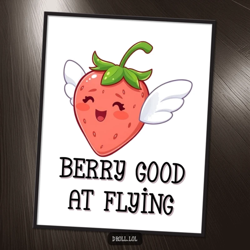 Funny Free Printable Wall Art: A delighted strawberry with tiny wings attempts to fly, adding whimsy.