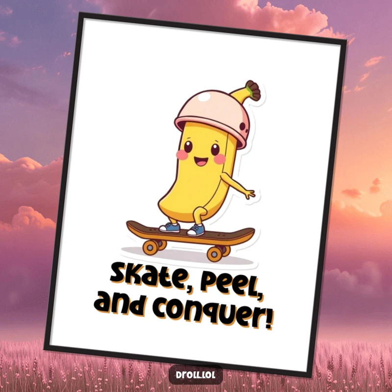 Funny Free Printable Wall Art: A happy banana peel wearing a helmet rides a skateboard, bringing cool energy.