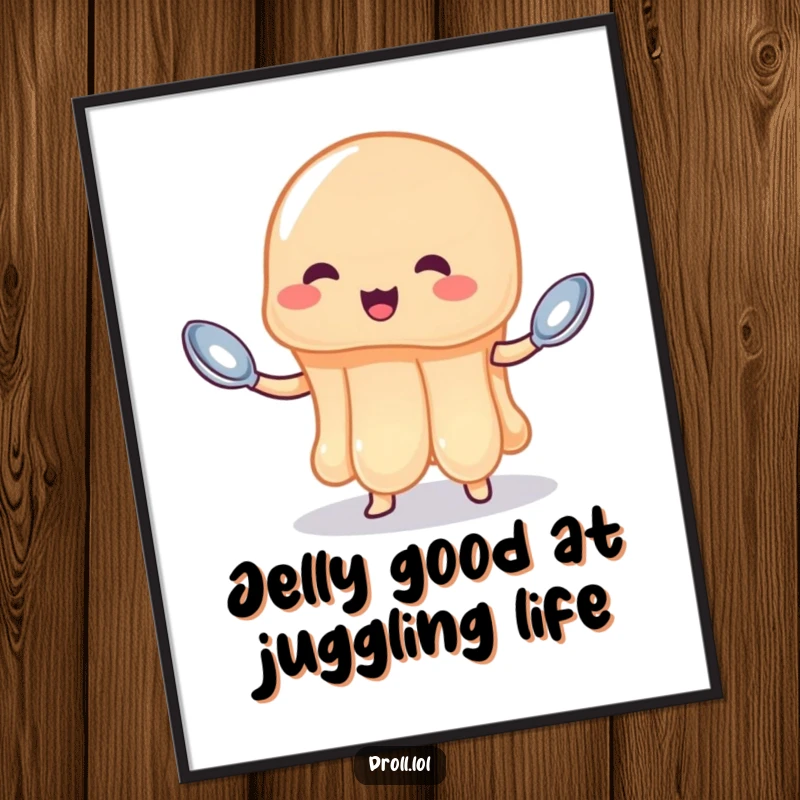 Funny Free Printable Wall Art: A gelatinous jelly wobbles precariously while juggling three tiny spoons.