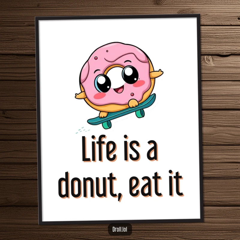 Funny Free Printable Wall Art: Cheerful donut with big eyes skateboarding downhill, adding a humorous vibe.
