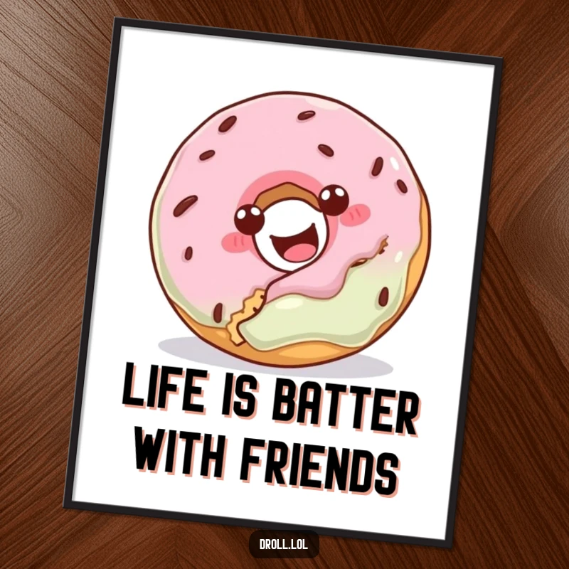 Funny Free Printable Wall Art: A happy donut cartoon attempting to eat a cookie bite, quirky and humorous home decor.