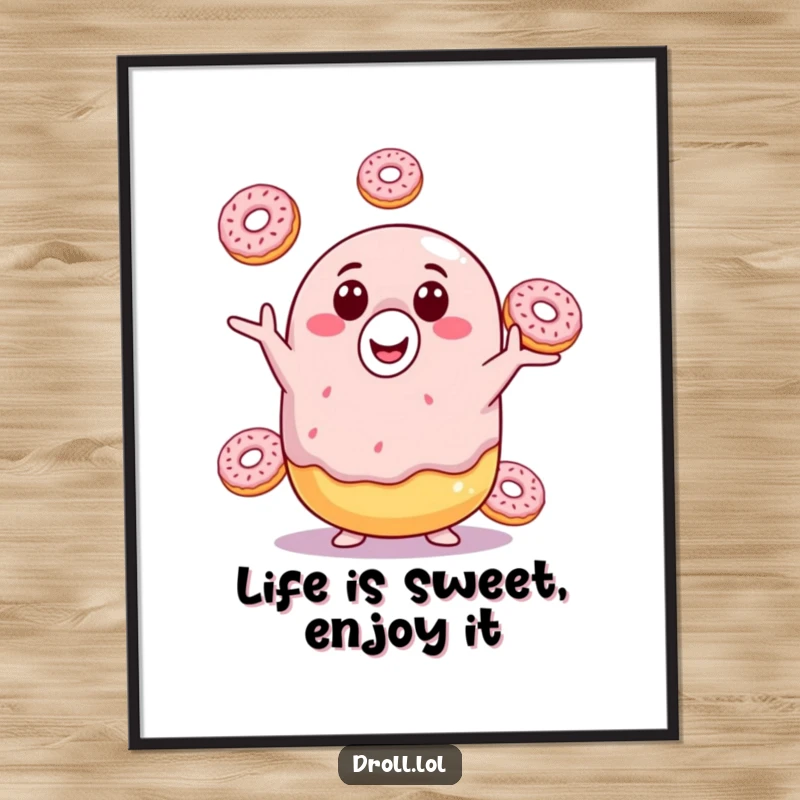 Funny Free Printable Wall Art: A smiling donut artistically juggling three mini donuts, whimsical decor.