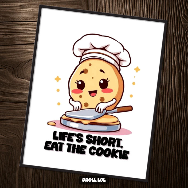 Funny free printable wall art: A determined cookie in a chef hat performing a perfect pancake flip. Whimsical kitchen art.