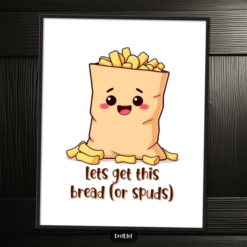 Funny Free Printable Wall Art: A sneaky, mischievous potato character peeking out conspiratorially from behind a huge bag of potato chips.