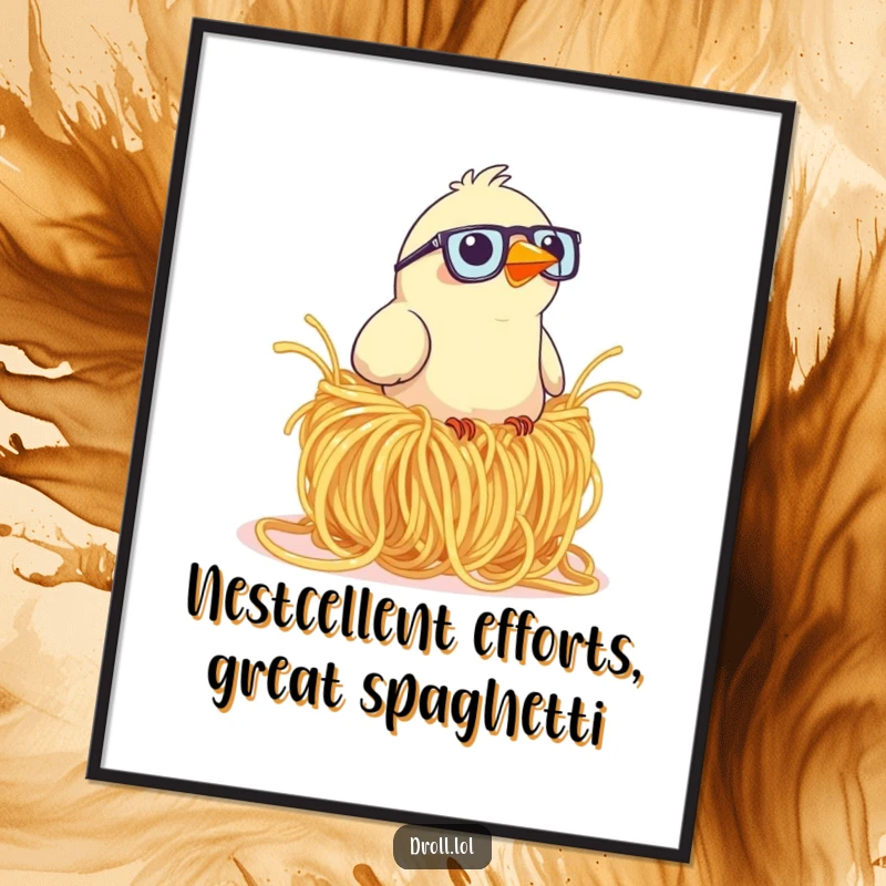 Funny Free Printable Wall Art: A bird wearing reading glasses attempts to construct a nest from giant spaghetti.