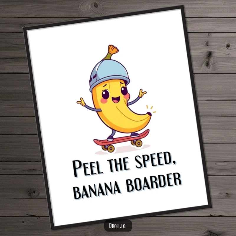 Funny Free Printable Wall Art: A happy banana peel wearing a tiny helmet rides a skateboard with cool confidence.