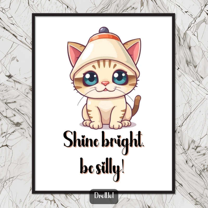 Funny Free Printable Wall Art: A mischievous cat comically wearing a lampshade as a hat, its wide eyes expressing playful bewilderment.
