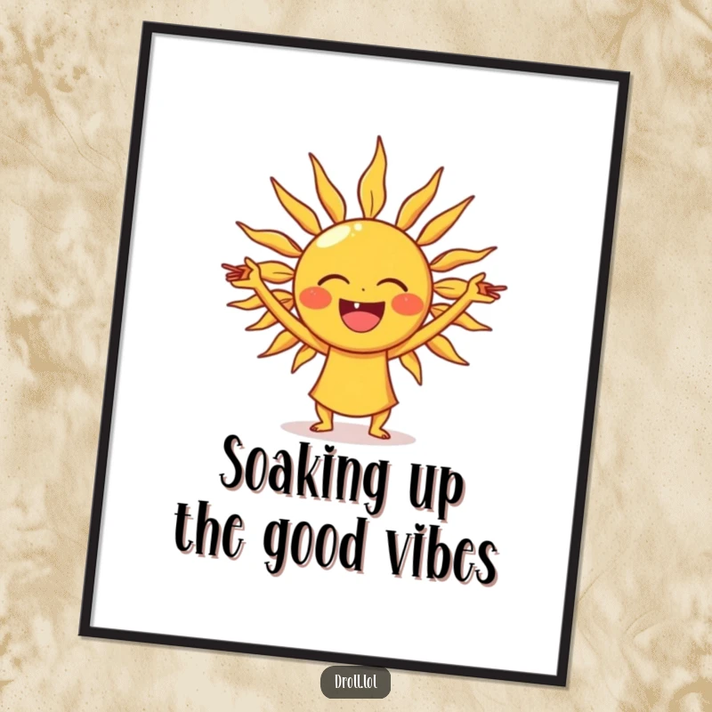 Funny free printable wall art of a laughing sun stretching its rays into various yoga poses.
