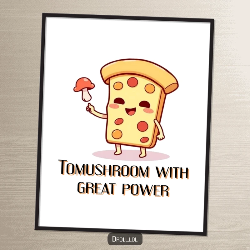 Funny Free Printable Wall Art: A smug pizza slice character expertly levitating a tiny mushroom, adding magical humor to your decor.