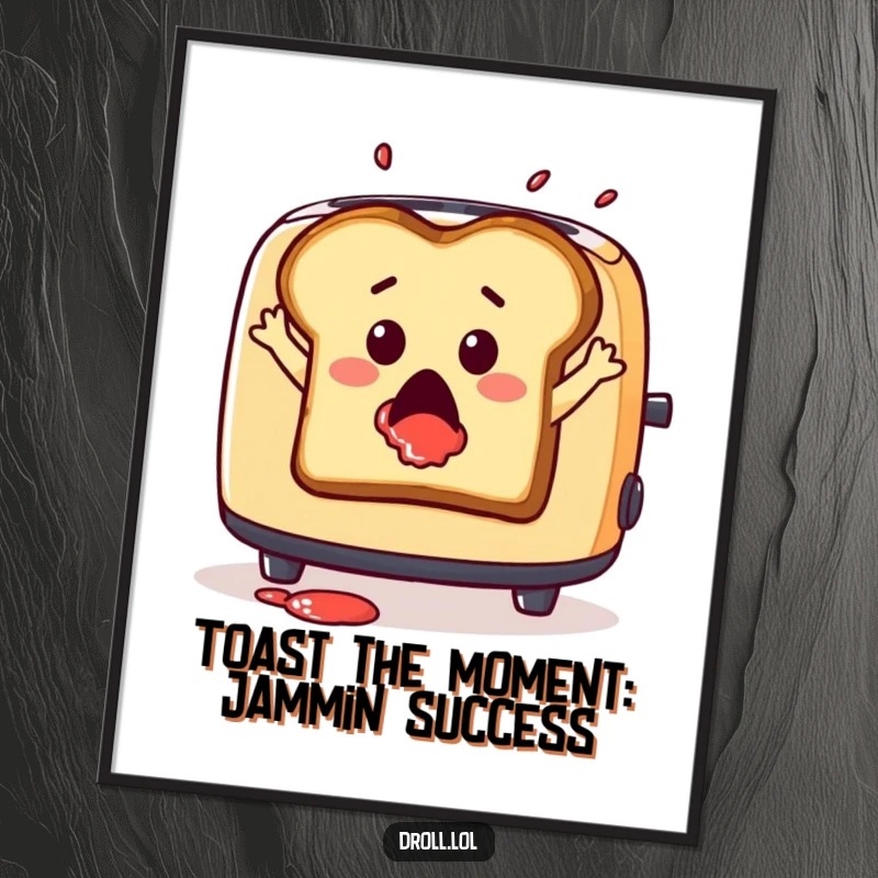 Funny Free Printable wall art, a surprised slice of toast dramatically leaping out of a toaster with jam splattered, creating a dynamic scene.
