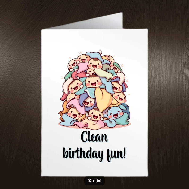 Funny Free Printable Birthday Card: A pile of clothes animated with happy faces, tumbling playfully.