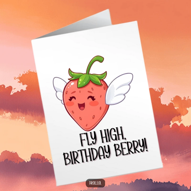 Funny Free Printable Birthday Card: A delighted strawberry with tiny wings attempts to fly joyfully.