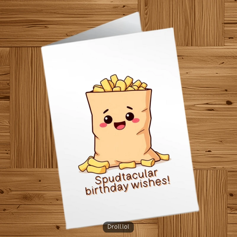 Funny Free Printable Birthday Card: A mischievous potato character peeking out from behind a giant bag of crunchy potato chips.