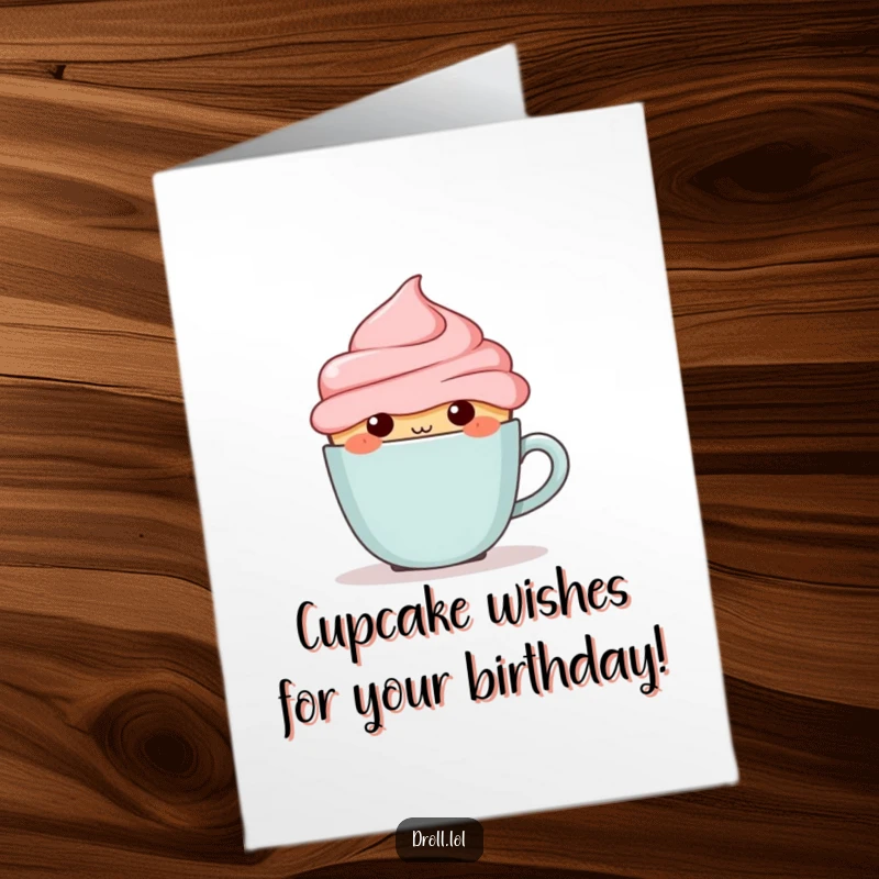 Funny Free Printable Birthday Card: A shy, blushing cupcake character attempting to hide behind a very small coffee cup.