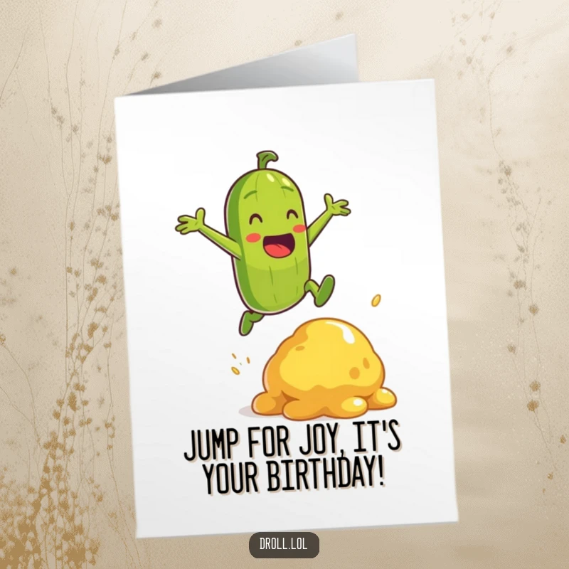Funny Free Printable Birthday Card: An energetic pickle character heroically jumping over a mustard blob, celebrating with gusto.