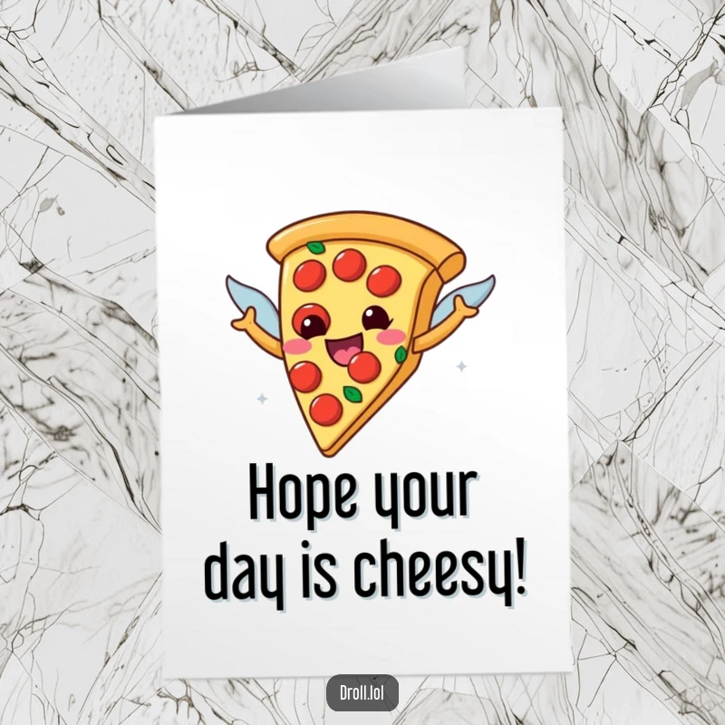 Funny Free Printable Pizza Birthday Card: Happy pizza slice with pepperoni wings attempts to fly joyfully.