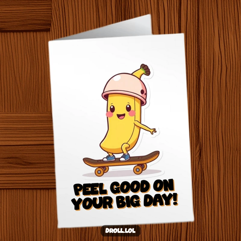 Funny Free Printable Birthday Card: Banana peel wearing a helmet skates downhill, ready for a wild celebration.