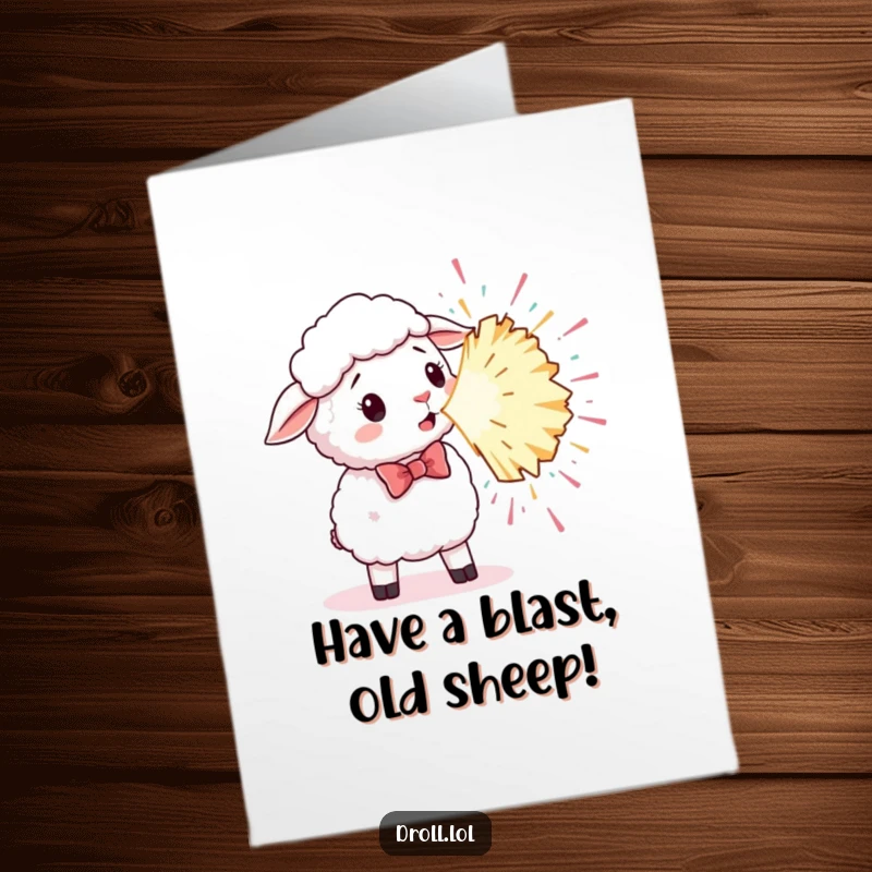Funny Free Printable Birthday Card: Sheep in bowtie jumps back startled by a giant exploding party popper.