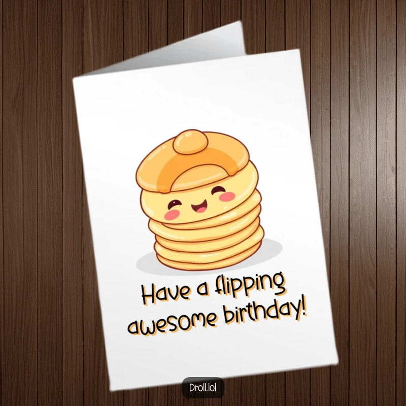 Funny Free Printable Birthday Card: A happy pancake with a face comically tumbles off a stack, celebrating cheerfully.