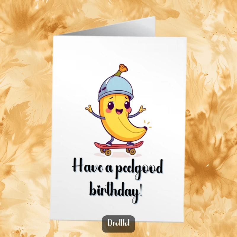 Funny Free Printable Birthday Card: A happy banana peel wearing a tiny helmet skates downhill on a skateboard with joy.