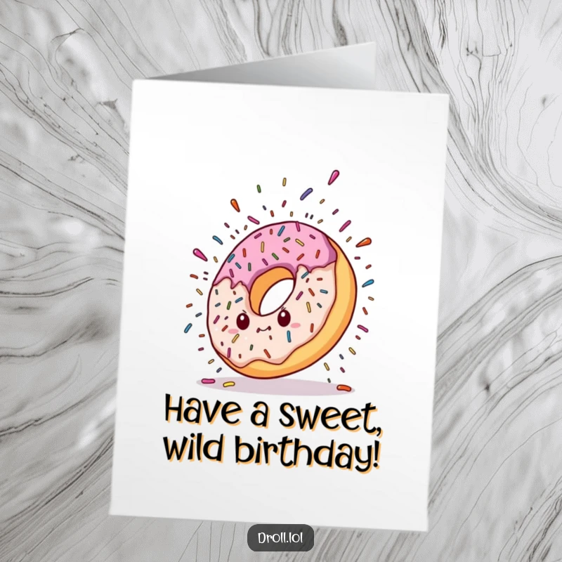 Funny Free Printable Birthday Card: A donut character plummets, sprinkles erupting like a colorful explosion.