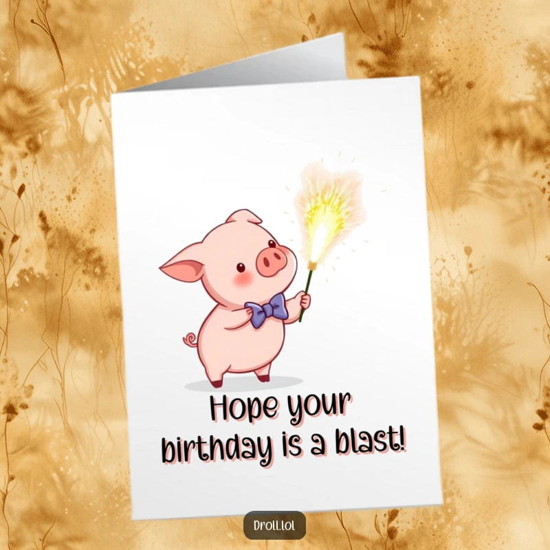 Funny Free Printable Birthday Card: Piglet in a bow tie accidentally sets off a giant sparkler, creating a dazzling, chaotic scene.