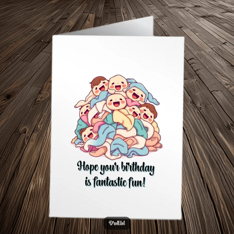 Funny Free Printable Birthday Card featuring a joyful pile of laundry tumbling happily, with smiling faces on the clothes.