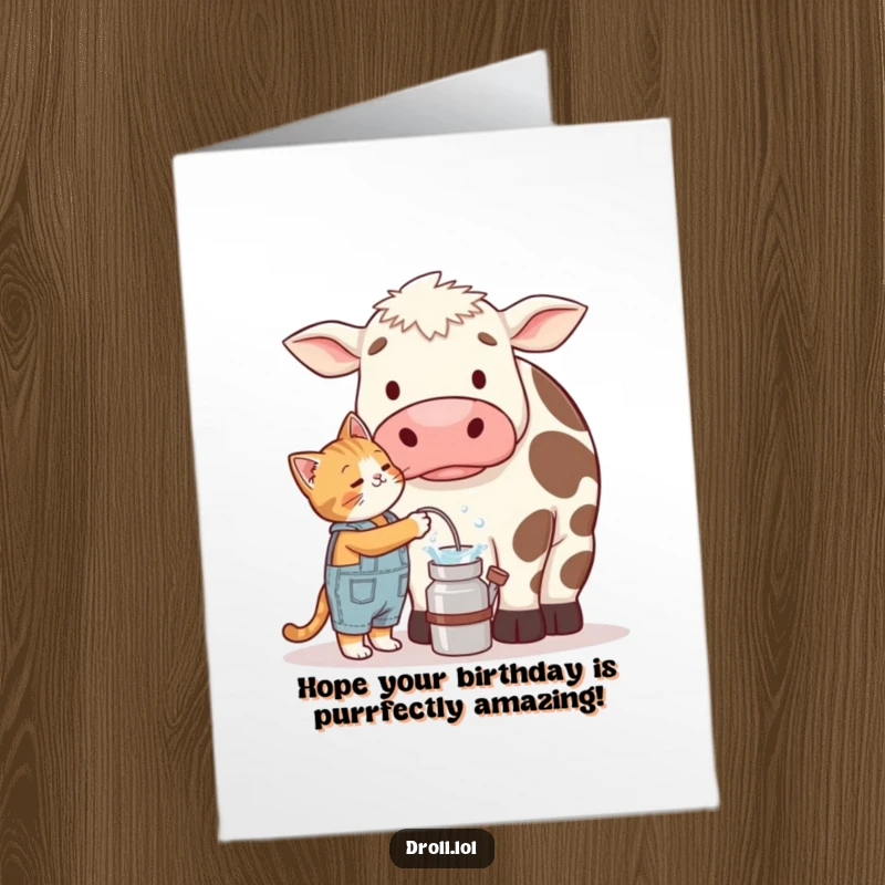 Funny Free Printable Birthday Card: Cat in tiny overalls attempting to milk a very confused, giant cow. Hilarious.
