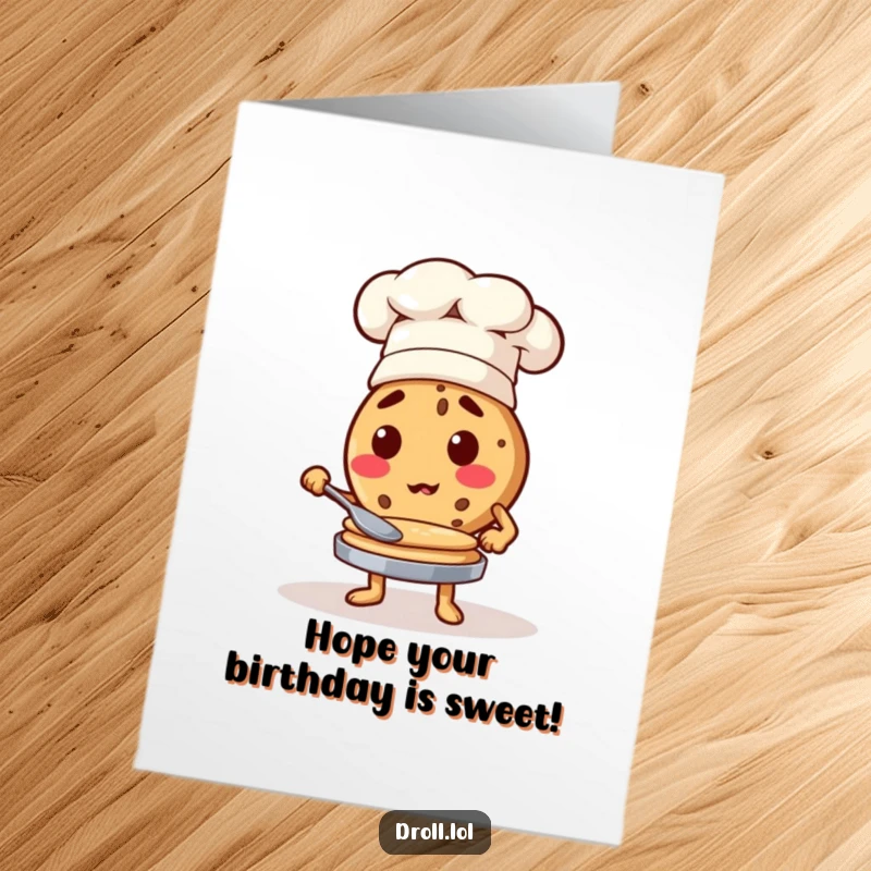 Funny Free Printable Birthday Card: A determined cookie in a chef hat expertly flips pancakes for a birthday.