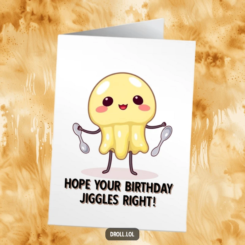 Funny Free Printable Birthday Card: A wobbly jelly character attempts to juggle three tiny spoons with a determined, slightly precarious look.