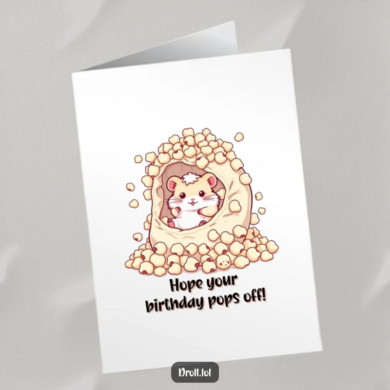Funny Free Printable Birthday Card: Hamster joyfully rolling in a huge bag overflowing with popcorn kernels. So cute!