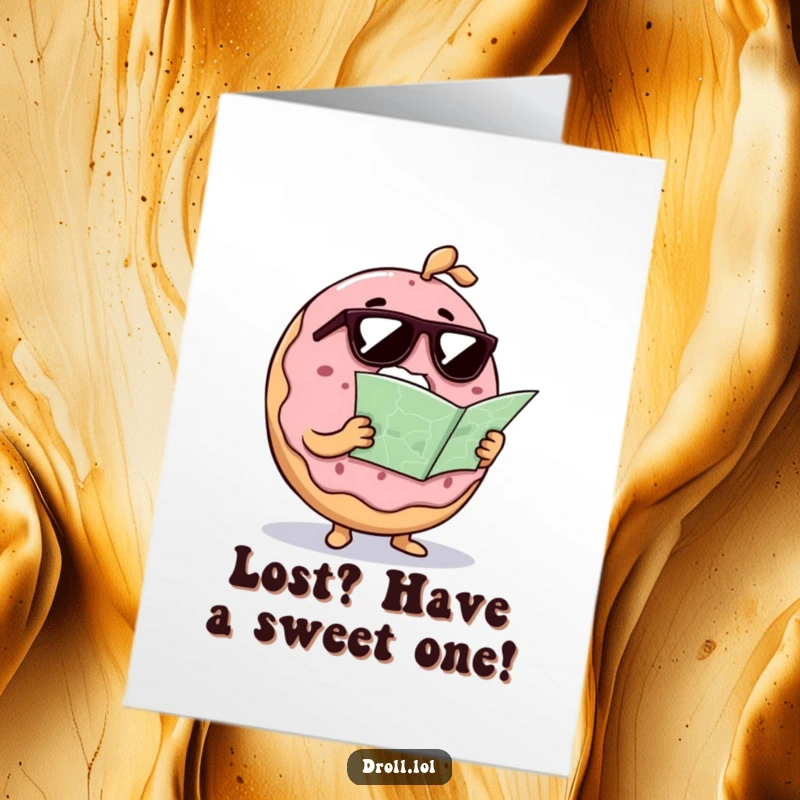 Funny Free Printable Donut Birthday Card: Confused donut in sunglasses reads a map, lost and hilarious, perfect birthday gift.