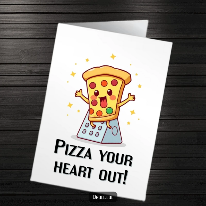 Funny Free Printable Birthday Card: Pizza slice disco dancing on a cheese grater, celebrating a cheesy birthday.