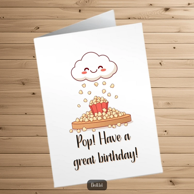 Funny Free Printable Birthday Card: Happy cloud raining popcorn onto a table, a delightful birthday scene.