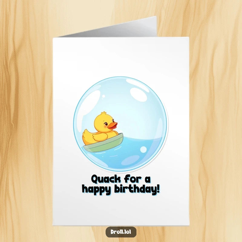 Funny Free Printable Birthday Card: Playful rubber duck sailing a giant bubble, a joyful birthday scene.