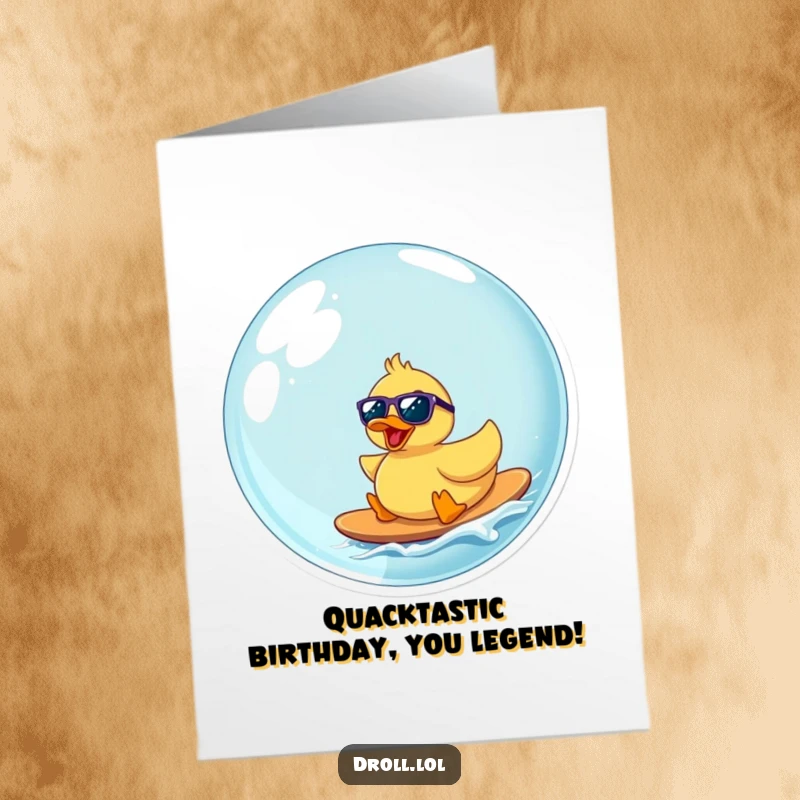 Funny Free Printable Birthday Card: Sunglasses-clad rubber duck surfs a giant bubble with pure joy. A cool, hilarious DIY card.