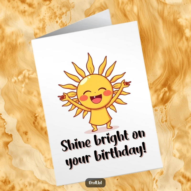 Funny free printable birthday card featuring a laughing sun stretching its rays like yoga poses.