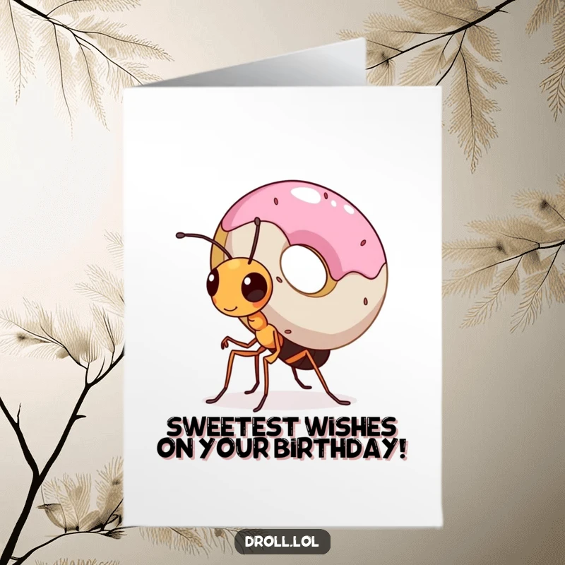 Funny Free Printable Birthday Card: A tiny, determined ant struggles but succeeds carrying a donut much larger than itself, a sweet birthday wish.