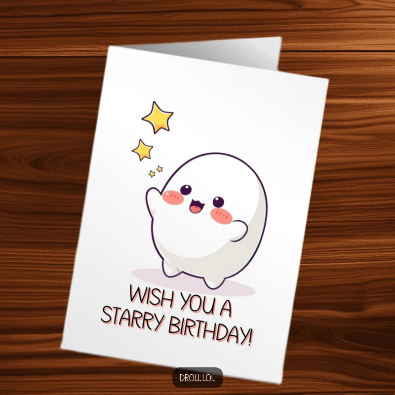 Funny Free Printable Birthday Card: A playful blob character reaching for falling stars with a happy expression.