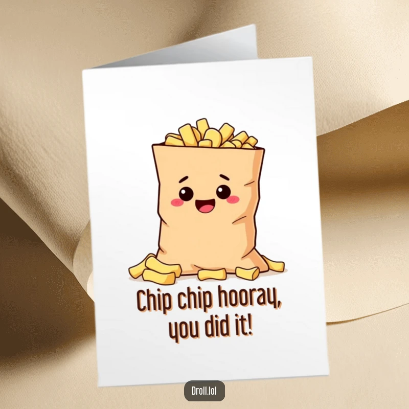 Funny Free Printable Congratulations Card: A mischievous potato character hiding behind a massive bag of chips, celebrating a win.