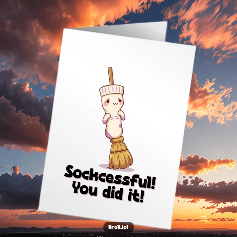 Funny Free Printable Congrats Card: A bewildered sock tries to fit onto a broom handle, a quirky congratulatory design.