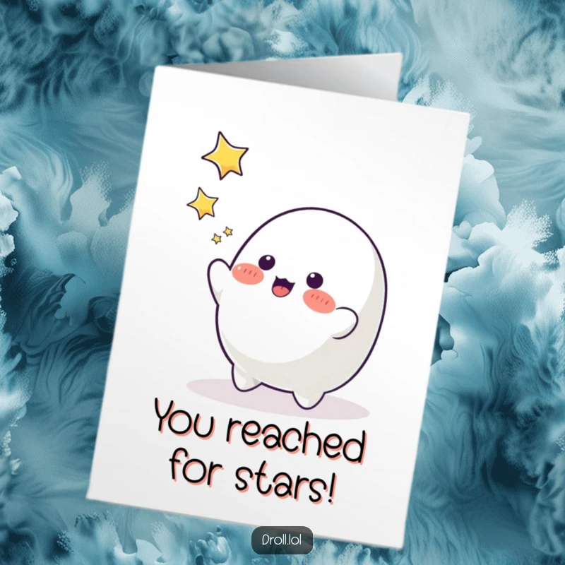 Funny Free Printable Congratulations Card: A cheerful blob character attempts to catch falling stars, celebrating success.